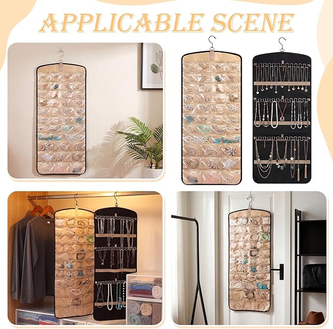4 Pack Hanging Jewelry Organizer Storage with 39 Pockets, 30 Necklace Hooks Double Sided Wall Mount Earring Holder Organizer Bracelet Necklace Jewelry Display Hanger for Closet Door (Black)