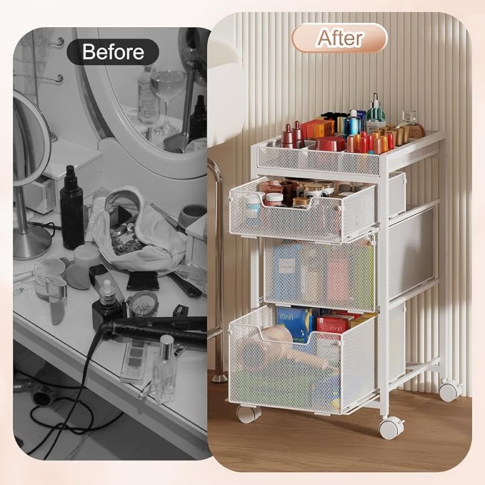 JKsmart Rolling Makeup Cart Organizer with 3 Drawers, Cosmetics Display with Dividers, Floor Skincare Storage with Wheels, Versatile Vanity Organizer for Nail Polish Perfume Brush Hair Tool, White