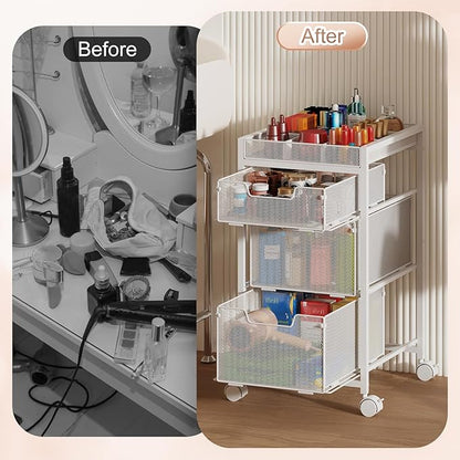 JKsmart Rolling Makeup Cart Organizer with 3 Drawers, Cosmetics Display with Dividers, Floor Skincare Storage with Wheels, Versatile Vanity Organizer for Nail Polish Perfume Brush Hair Tool, White