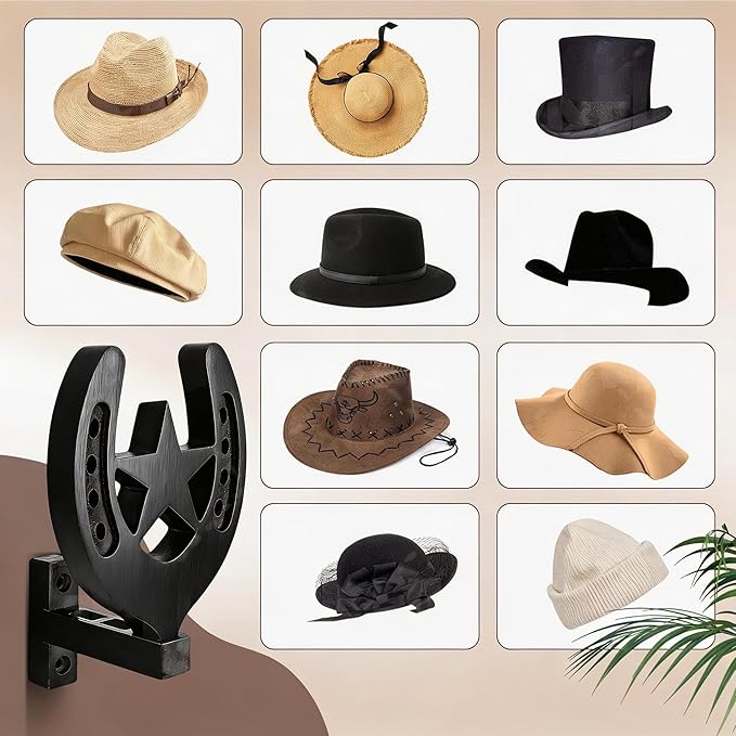 Horseshoe Cowboy Hat Holder for Wall – Rustic Wooden Western Hat Rack, Wall Mounted Hat Organizer for Cowboy Hats, Fedora, Baseball Caps – Farmhouse Entryway Closet Decor (Black)
