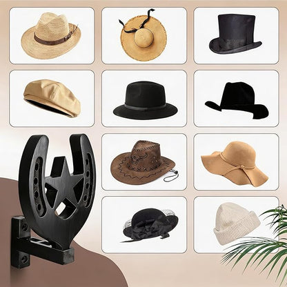 Horseshoe Cowboy Hat Holder for Wall – Rustic Wooden Western Hat Rack, Wall Mounted Hat Organizer for Cowboy Hats, Fedora, Baseball Caps – Farmhouse Entryway Closet Decor (Black)