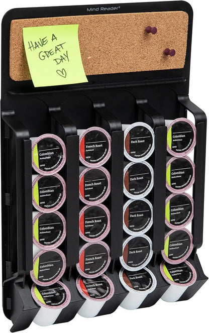 Mind Reader Single Serve Pod Organizer, Wall Mount, 20 Pod Capacity, Magnetic or Adhesive, 10.75"L x 15.5"W x 2.5"H, Black