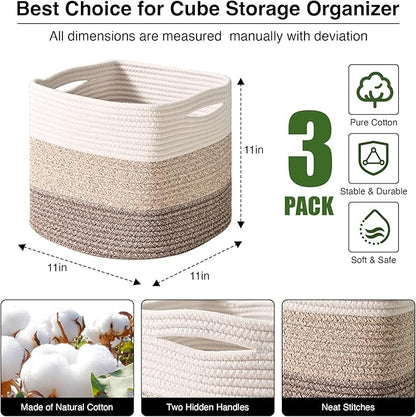 ICERZCZ 11 Inch Cube Storage Bins, Storage Cube Organizer Bins, Woven Cotton Rope Baskets for Storage, Storage Basket for Organizing Shelves, Square Baskets for Toys, Gradient Brown (Pack of 3)