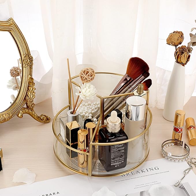 Hipiwe 360 Rotating Makeup Organizer 3-Slot Gold Glass Spinning Cosmetic Display Case Round Vanity Storage Holder Dresser Bathroom Organizer for Prefume Makeup Bushes Lipsticks
