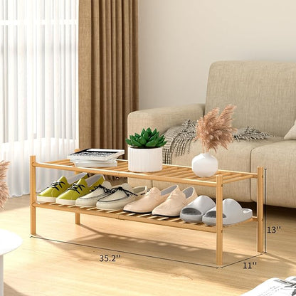 ROMGUAR CRAFT 2-Tier Bamboo Long Shoe Rack, Free Standing Wood Shoe Shelf Storage Organizer for Closet Entryway Stackable 35"x11"x13" (Natural)