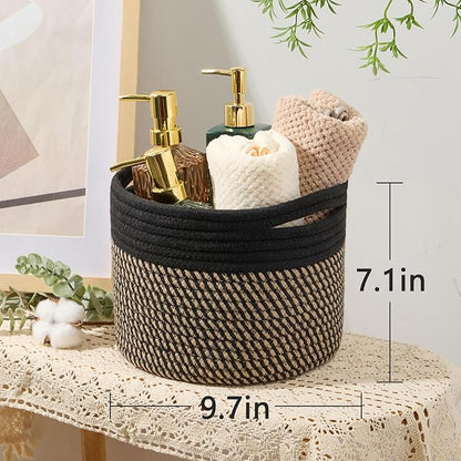 MiniArk Small Basket for Organizing | Cube Shelf Closet Storage Baskets | 9.7×9.7×7.1” | Woven Rope Gift Basket | Nursery | Round 3 Packs Black Brown