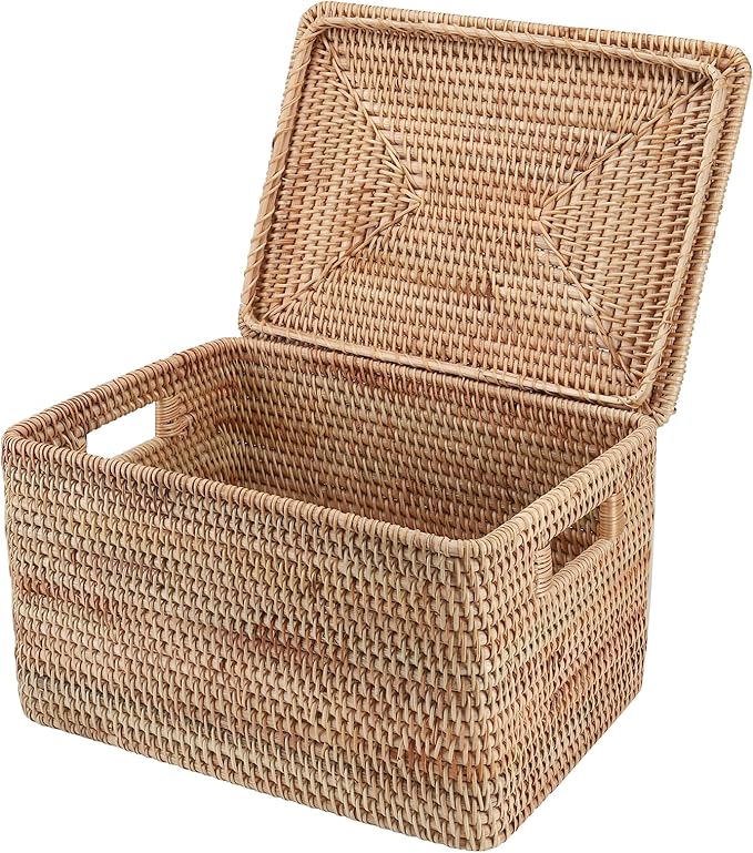 Rattan Basket With Lid, Large Lidded Basket For Storage(17.32" L×13.39"W×11.81"H)