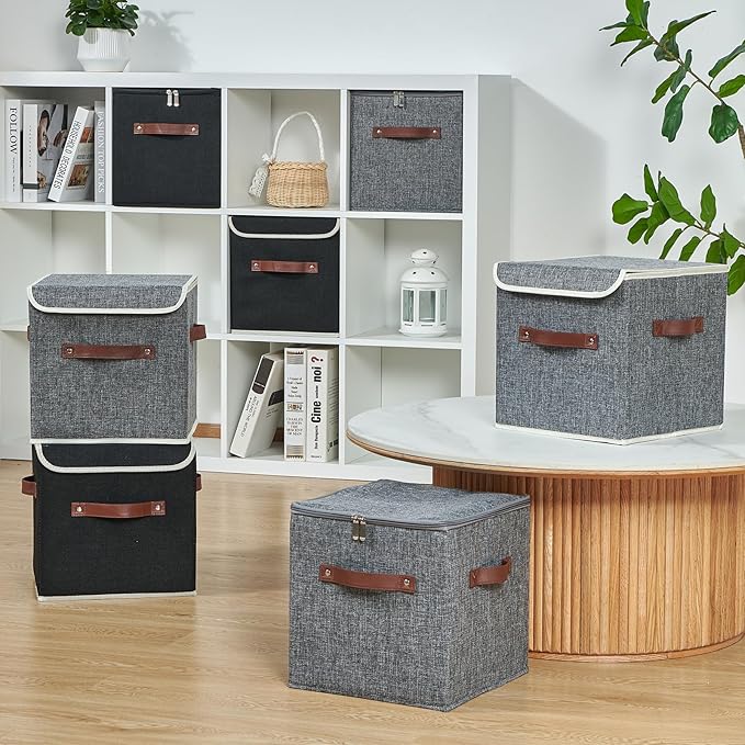 4PCS Storage Cubes with Lid Fabric Storage Bins Boxes PU Leather Handles Cotton Linen Closet Organizer Container Decorative Foldable Washable Shelf Cloth Basket (Flip-top Lid, Gray, 11in)