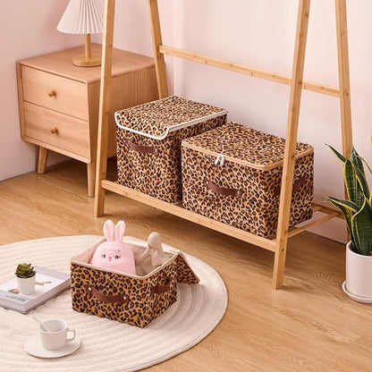 2PCS Storage Bins Boxes with Zipper Lid Leopard Print Cute Velvet Fabric Basket PU Leather Handles PP Plastic Board Foldable Washable Lidded Closet Shelf Organizer Container (Large Size)
