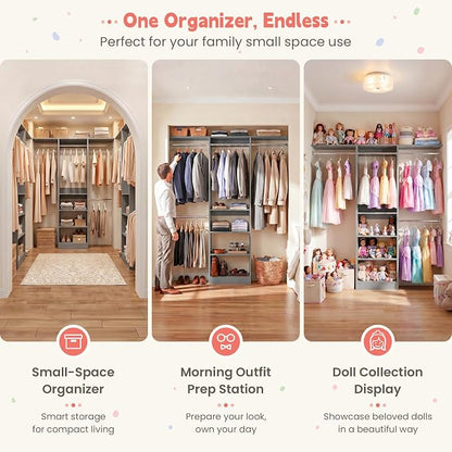 iSunirm 48" Small Closet System, Space-Saving Wall-Mounted Wardrobe Organizer, Mini Garment Rack for Narrow Spaces, Morning Outfit Prep Station & Nursery Dress-up Storage,Grey