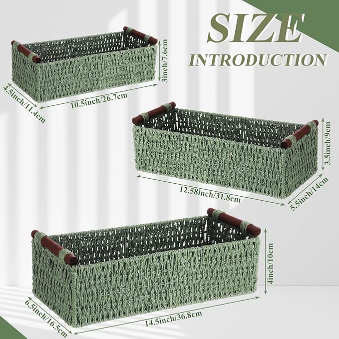 Boao 3 Pcs Boho Storage Wicker Baskets Handmade Woven Decorative Paper Rope Baskets for Organizing with Handle Countertop Toilet Paper Storage Container for Toilet Tank Top
