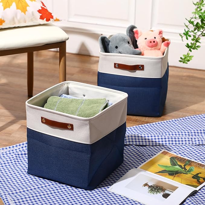Uiifan 8 Pack 12 x 12 x 12 Inch Large Storage Baskets Collapsible Fabric Storage Cubes Bins with Handles for Shelves Closets Nursery Home Clothes Toys Organizers, Blue