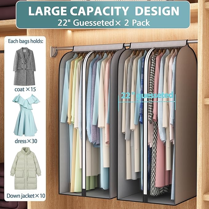 Liuoud 22” Gusseted Garment Bags for Hanging Clothes, Large Clear Window Clothes Cover for Closet Storage, Wardrobe Coat Protector for Suit, Shirt Long Dress, Bottom Enclosed, 2 Pack, 50” Long