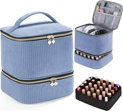 CTWWFS Corduroy Nail Polish Organizer and Nail Lamp Case, Nail Kit Organizer Holds 30 Bottles (15ml - 0.5 fl.oz) and a Nail Lamp, Nail Polish Carrying Case with Manicure Tools Storage Sections (Blue)