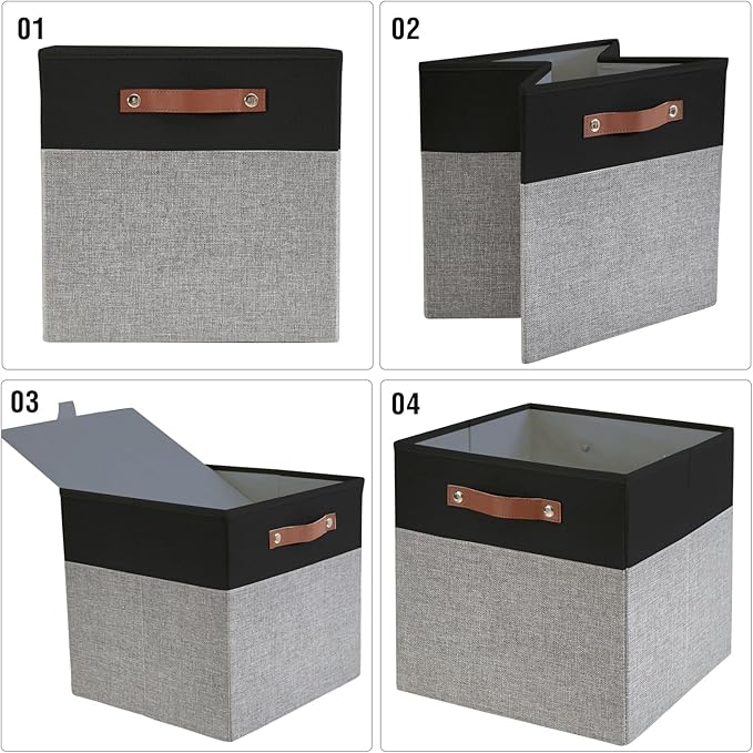 Bagnizer 13x15x13 Storage Cube Bins, Foldable Storage Organizer Baskets, Fabric Cube Storage Boxes with 2 Reinforced PU Handles for Kallax, Shelves, Living Room | 4 Pack, Black & Gray
