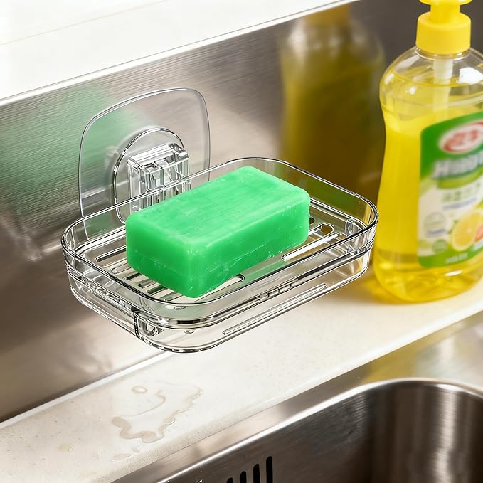 Soap Dish for Shower Wall Mounted, Soap Bar Holder Self Draining, Strong Adhesive Mount Soap Saver Sponge Holder for Bathroom Bathtub Kitchen Sink, Clear