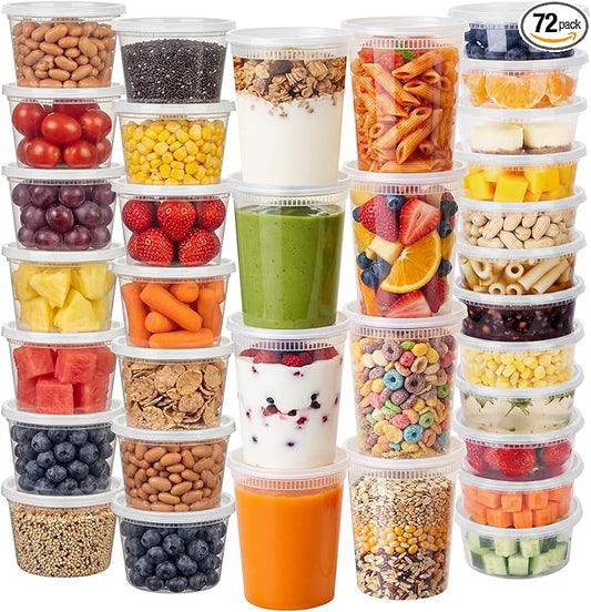 NESCCI 72 Sets (144-Piece) Deli Containers with Lids, 32/16/8 oz X 24 Set Each, Leak-Proof & BPA Free Airtight Takeout Plastic Food Storage Containers for Soup, Meal Prep,Microwave/Freezer Safe
