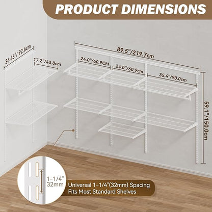 Closet System Wall Mounted 4-10.5 Ft, Heavy Duty Adjustable Wire Shelving with Hanging Rod, Custom Organizer Kit for Bedroom Laundry Mudroom, White