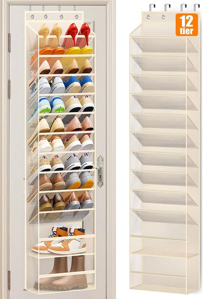 MISSLO 12 Tier Over the Door Shoe Organizer Breathable Mesh Hanging Shoe Rack for Closet Storage Shoe Holder for Door Fit 24 Pairs Sandals, Heels, Boots (Beige)