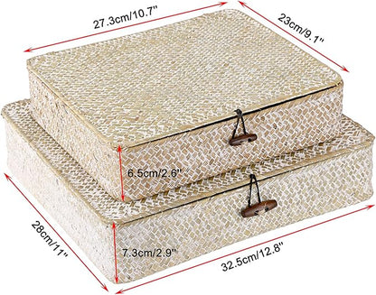 Hipiwe Set of 2 Flat Woven Wicker Storage Bins with Lid Natural Seagrass Basket Boxes Multipurpose Home Organizer Bins Boxes for Shelf Organizer (Whitewash)