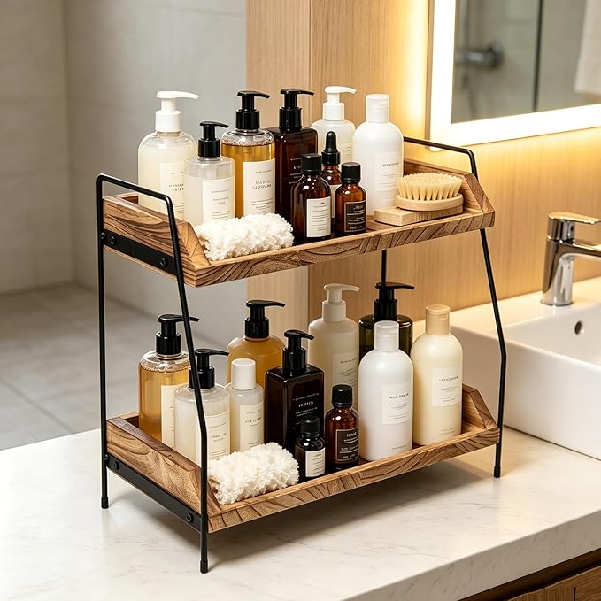 QUALLON Coffee Bar Accessories and Organizer, Coffee Station Organizer 2 Tier Bathroom Counter Organizer, Wood Coffee Tray, Bathroom Vanity Organizer, Countertop Shelf for Kitchen, Coffee Lover