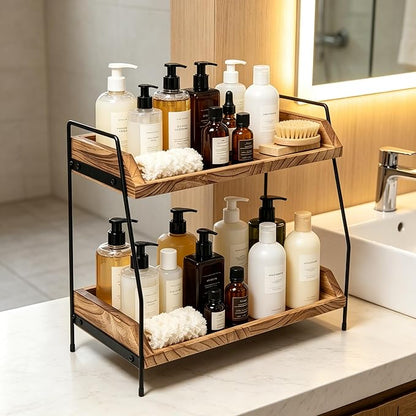 QUALLON Coffee Bar Accessories and Organizer, Coffee Station Organizer 2 Tier Bathroom Counter Organizer, Wood Coffee Tray, Bathroom Vanity Organizer, Countertop Shelf for Kitchen, Coffee Lover