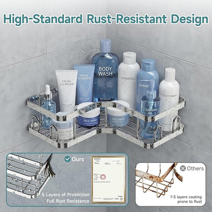 Veken Corner Adhesive Shower Caddy 3-Pack with Soap Holder&Hooks,No Drilling Shower Shelves,Rustproof & Waterproof Bathroom Organizers and Storage,Rack for Small Spaces, Kitchen&Rental-Friendly,Silver