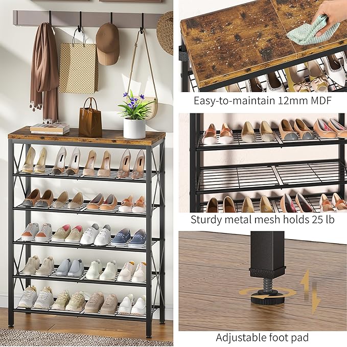 6-Tier Shoe Rack Organizer, Large Capacity Shoe Shelf with Metal Shelves, Holds up to 24 Pairs of Shoes, Shoe Storage for Entryway Closet Bedroom, Rustic Brown