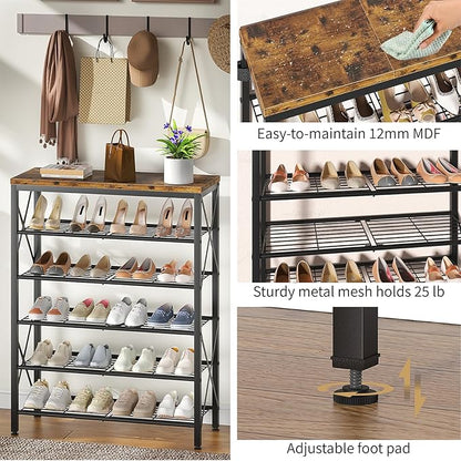 6-Tier Shoe Rack Organizer, Large Capacity Shoe Shelf with Metal Shelves, Holds up to 24 Pairs of Shoes, Shoe Storage for Entryway Closet Bedroom, Rustic Brown
