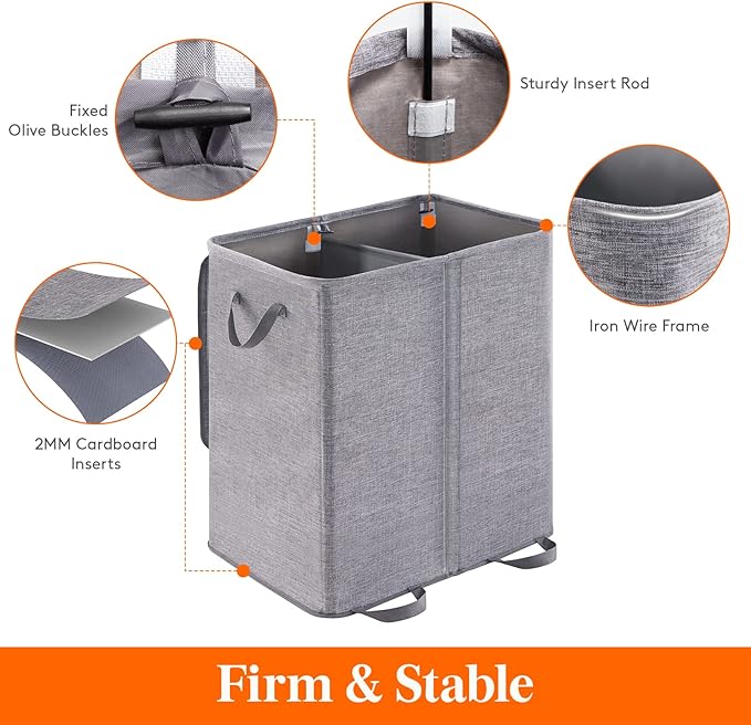 Lifewit Double Laundry Hamper with Lid and Removable Laundry Bags, Large Collapsible 2 Dividers Dirty Clothes Basket with Handles for Bedroom Laundry Room Closet Bathroom College, 155L Grey