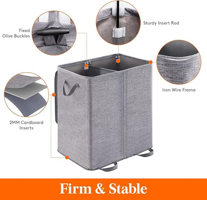 Lifewit Double Laundry Hamper with Lid and Removable Laundry Bags, Large Collapsible 2 Dividers Dirty Clothes Basket with Handles for Bedroom Laundry Room Closet Bathroom College, 155L Grey