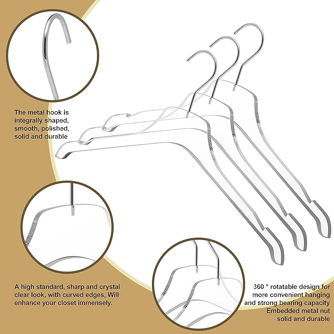 Quality Acrylic Clear Hangers, Made of Clear Acrylic for a Luxurious Look and Feel with Swivel Hook (Clear - Shirt, 5)