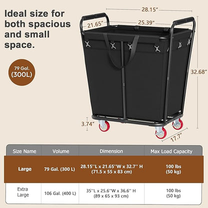 Hoctieon Large Laundry Cart with Wheels, 300L Heavy Duty Laundry Basket Organizer, Rolling Hamper Sorter for Clothes Storage, Industrial Dirty Clothes Hamper for Home & Hotel, Black