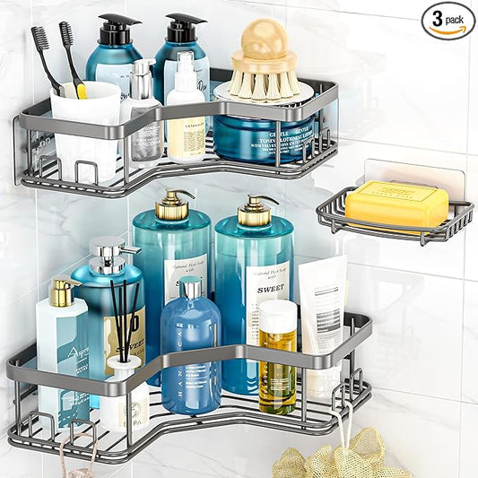 MAXIFFE 3 Pack Corner Shower Caddy with Soap Holder, Large Capacity and Easy Install, No Drilling Shower Shelves, Stainless Steel Shower Organizer Hold 40 LBS for Family Renters, Grey