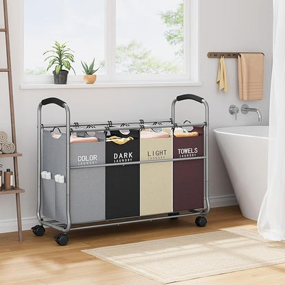Tajsoon Laundry Sorter 4 Sections, Laundry Separator Hamper with Heavy Duty Lockable Rolling Wheels, Laundry Divider with Removable Bags for Dirty Clothes Storage, 4 Colors