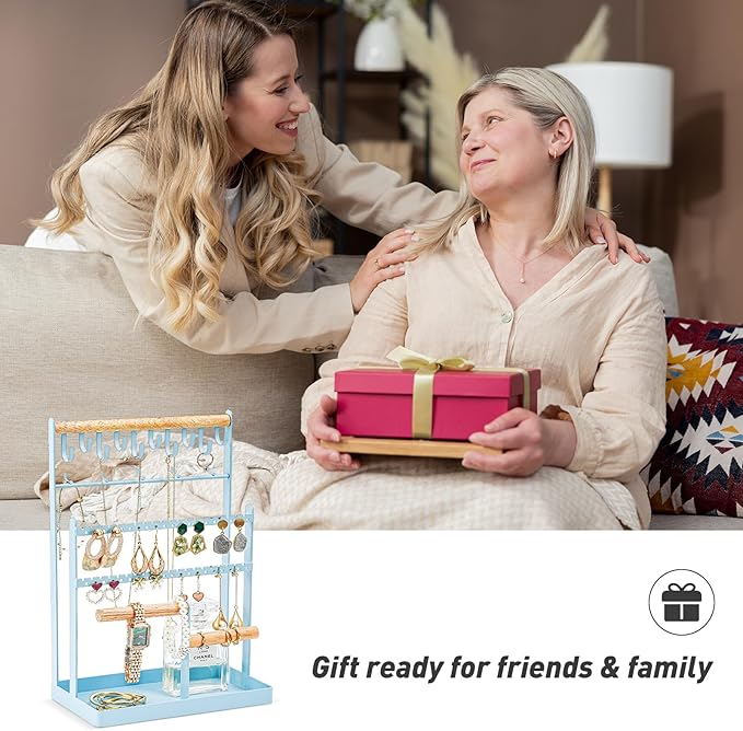 ProCase Jewelry Organizer Stand Necklace Organizer Earring Holder, 6 Tier Jewelry Stand Necklace Holder with 15 Hooks, Jewelry Tower Display Rack Storage Tree for Bracelets Earrings Rings -Blue