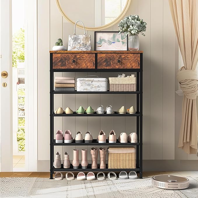 usikey Shoe Rack, 5 Tier Shoe Storage Organizer with 2 Drawers, Metal Shoe Shelf for 12-16 Pairs of Shoes, with 4 Oxford Fabric Shelves and Wooden Top, Shoe Stand for Closet Entryway, Rustic Brown