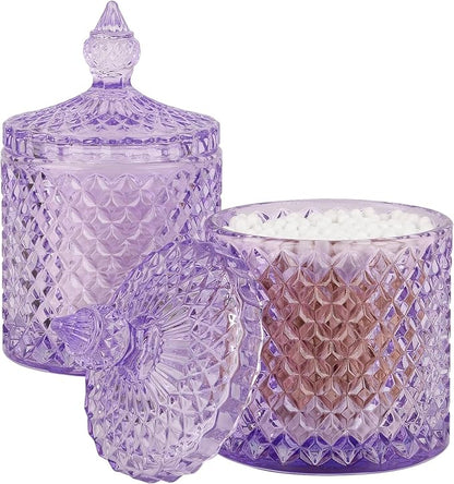 rejomiik 2 Pack Qtip Holder Thick Glass Apothecary Jars with Lid for Bathroom Decor Storage Organizer for Cotton Swabs, Balls, Pads, Floss Picks, Candy, Jewelry, Purple