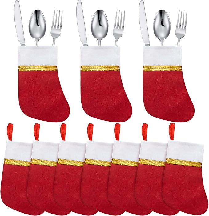 Patelai 30 Pcs Mini Stockings Christmas Bulk Dinner Table Decorations Mini Socks Silverware Holders Knife Spoon Fork Storage for Christmas Table Party Decor(Novel Style)