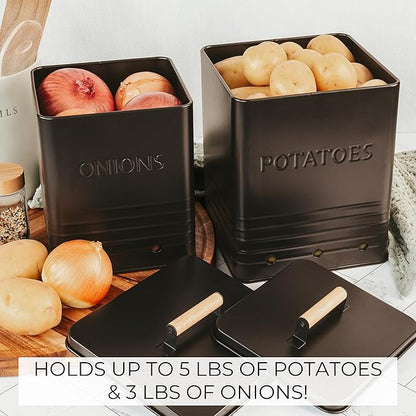 ZICOTO Beautiful Potato and Onion Storage Container Set, 10.1" & 8.9" - Perfectly Sized Spacious Canisters For Your Kitchen Counter Or Pantry - Food Safe Metal Bins Keep Produce Fresh Longer