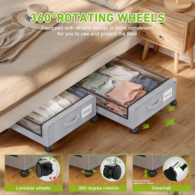 YAASHEEN Under Bed Storage with Wheels, 2-Pack Under the Bed Storage Containers with Clear Lids & Label, Underbed Storage Bins, XXL 60L Rolling Metal Drawer for Clothes, Shoes, Toys, Books - Gray