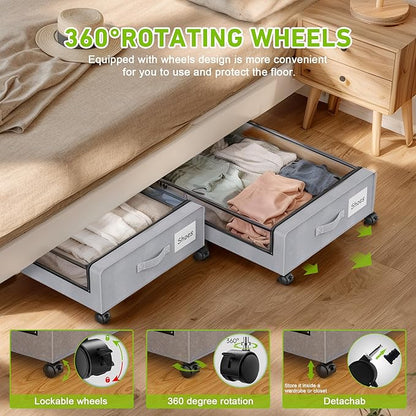YAASHEEN Under Bed Storage with Wheels, 2-Pack Under the Bed Storage Containers with Clear Lids & Label, Underbed Storage Bins, XXL 60L Rolling Metal Drawer for Clothes, Shoes, Toys, Books - Gray