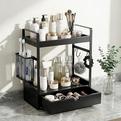 2-Tier Bathroom Counter Organizer with Drawer Basket and Hooks, Wood Bathroom Organizers and Storage for countertop, Farmhouse Black Countertop Organizer, Counter Shelf for Vanity, Kitchen, Office