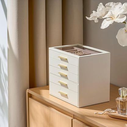 pickpiff Jewelry Box Organizer Case for Women: 5-Layer Jewelry Storage Case with Glass Window, Ivory Leather with Pink Velvet, Holder for Ring Necklace Bracelet Brooch Watch, Great Gift for Her