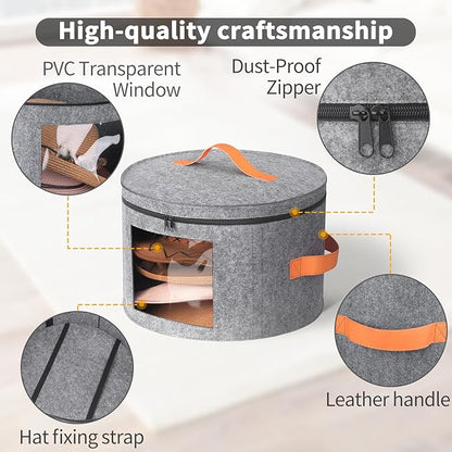 kushon Round Cowboy Hat Box for 6-9 Caps, Large Felt Hat Organizer Bag for Men & Women Storage, With Support, Foldable 16.5" D x 11" H Carrier