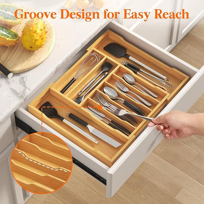 Lifewit Silverware Drawer Organizer, Expandable Utensil Tray for Kitchen, Flatware and Cutlery Holder, Wood Adjustable Storage for Spoons Forks Knives, 31-53 x 43cm, Natural