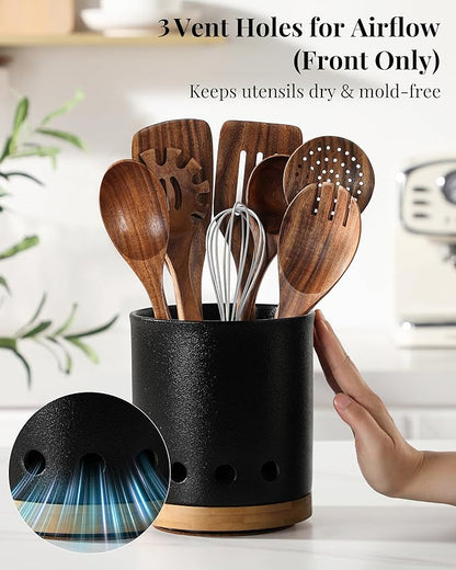 LoeJan 360° Rotating Ceramic Utensil Holder for Kitchen Countertop – Cooking Utensil Crock Organizer with Non-Slip Cork Base for Farmhouse Kitchen Decor, Textured Black