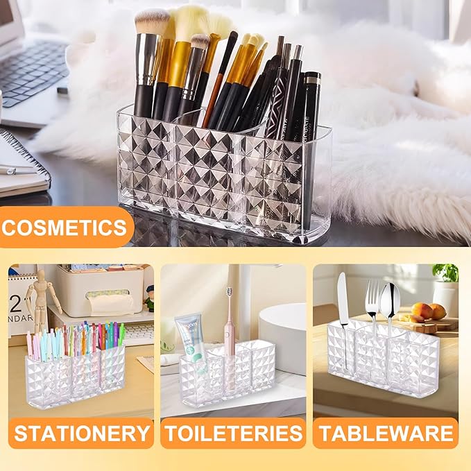 2 Pcs Acrylic Makeup Brush Holder,3 Compartment Cosmetic Organizer,Bathroom Vanity Countertop Storage for Brushes Beauty Tools Pencils Pens Bathroom Living Room