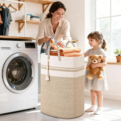 Woven Laundry Basket for Clothes, 50 L Large Rectangle Laundry Hampers with Beads Tassel, Nursery Storage Basket for Toys, Tall Dirty Clothes Hamper for Bedroom Aesthetic, Laundry Room Organization