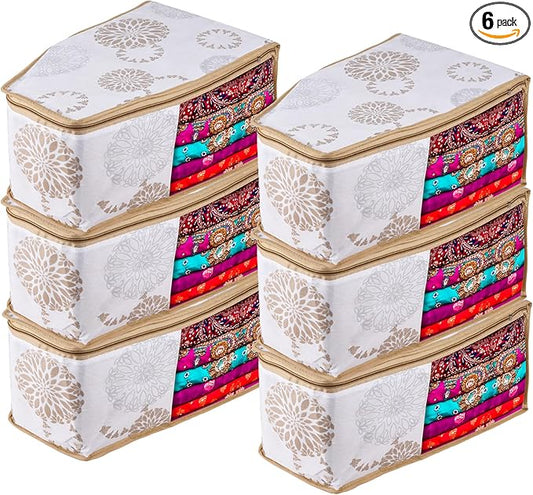 Kuber Industries Pack of 6 Blouse Storage Bag | Clothes Storage Bag | Visible Window Wardrobe Bag | Zipper Clothes Organizer | Blouse Bag for Travel | Gola-Print | White